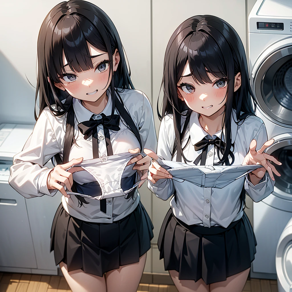 (Browsing Caution), One girl, Laundry room,washing machine, Laundry basket, a few underwears are in a Laundry basket, A troubled and tearful face、Crying、Sweat、 hair,Color Hair Color, Small breasts、blush, bow, 赤いbow, Long sleeve, shirt, 襟付きのshirt, skirt, プリーツskirt, 黒いskirt, Small breasts, {{{Face close-up}}},Upper Body,,Pay attention to the panties,Quality underwear, Looking down,View your viewers, Panties as a gift, The center of her grey panties is wet, Tabletop, highest quality, , Absurd, Perfect Skin, Detailed skin texture, Ultra-detailed, 8k, Intricate details, Beautifully detailed face,High resolution, {{{Shadowed face}}}, mock, {{{Grit your teeth:1.2}}}, Grin, smile, 視聴者をLooking down, masterpiece,Absurd, Beautiful detailed face when viewed from the front,