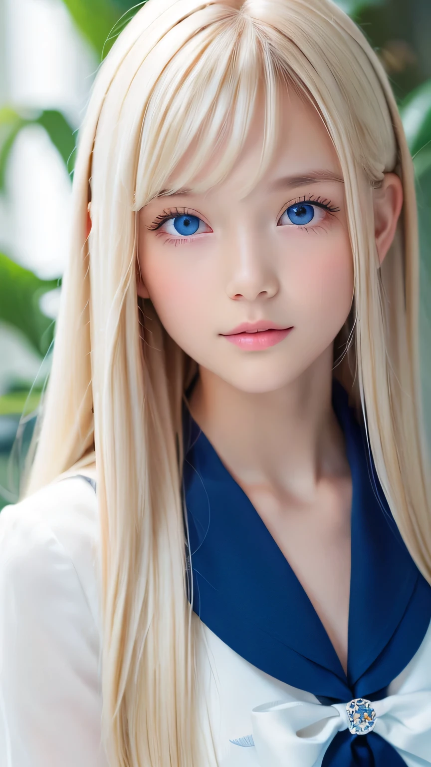 Portrait、、Sailor suit、Gentle expression、Young shiny glossy white glossy skin、Great looks、Blonde reflection、Super long platinum blonde hair with dazzling highlights、Bangs between the eyes、bangs on the face、、Shiny bright hair,、Super long, silky straight hair、Shiny beautiful bangs、Sparkling, crystal clear, attractive big blue eyes、Very beautiful, lovely and cute 16 year old girl、Ample Bust、Healthy glowing skin、Small Face Girl、Round face