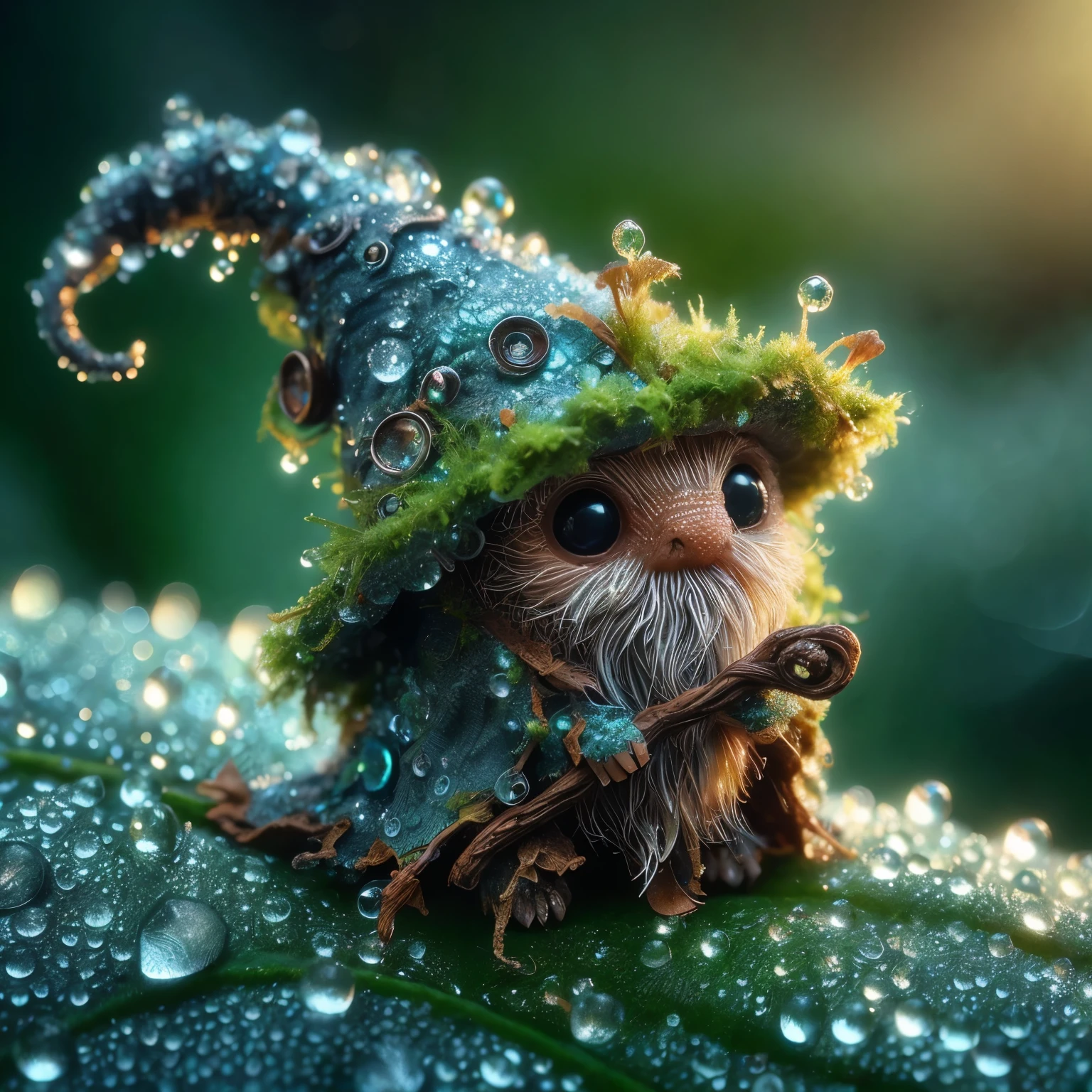 A cute diminutive moss covered dewy male male wizard, wrinkled old looking skin, close up in a dewy rain forest, intricate wizarding costume cragged materials, In a tilt-shift, macro-photographed scene with a shallow depth of field, a tiny, iridescent mystic wizard, intricate gnarled leather wizarding boots, its body a mesmerizing mosaic of microscopic mirrors and gears, perches on the velvety, emerald-green edge of a dew-kissed leaf, surrounded by a constellation of glistening, crystal-like droplets that refract and reflect the soft, golden light filtering through the forest canopy above, amidst a tapestry of intricate, lace-like ferns and moss-covered twigs, with the blurred, bokeh-rich background a warm, earthy blend of umber, sienna, and olive hues.