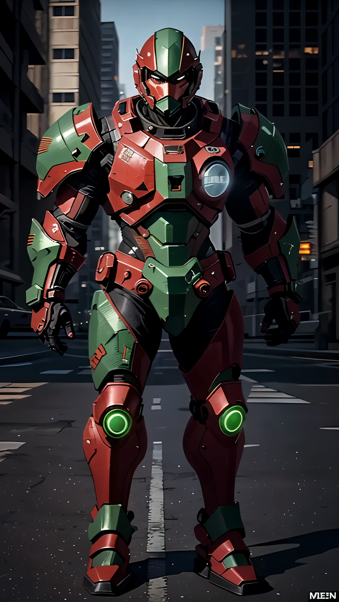 A man wearing a full-face helmet, a fantasy-style biotech armored combat suit, green eyes, (a composite layered chest armor), fully enclosed shoulder guards, matching arm and leg guards, the belt is adorned with exhaust pipes, (the color scheme is primarily black glow with green and red accents), the design balances heavy with agility, a high-tech bio-mecha armor, (Armor Concept Inspired by Cyberpunk motorcycle, stand on the top of a skyscraper in a futuristic sci-fi city), this character embodies a finely crafted fantasy-surreal style armored hero in anime style, exquisite and mature manga art style, (battle damage, element, plasma, energy, the armor glows), ((male:1.5)), metallic, real texture material, dramatic, high definition, best quality, highres, ultra-detailed, ultra-fine painting, extremely delicate, professional, perfect body proportions, golden ratio, anatomically correct, symmetrical face, extremely detailed eyes and face, high quality eyes, creativity, RAW photo, UHD, 32k, Natural light, cinematic lighting, masterpiece-anatomy-perfect, masterpiece:1.5