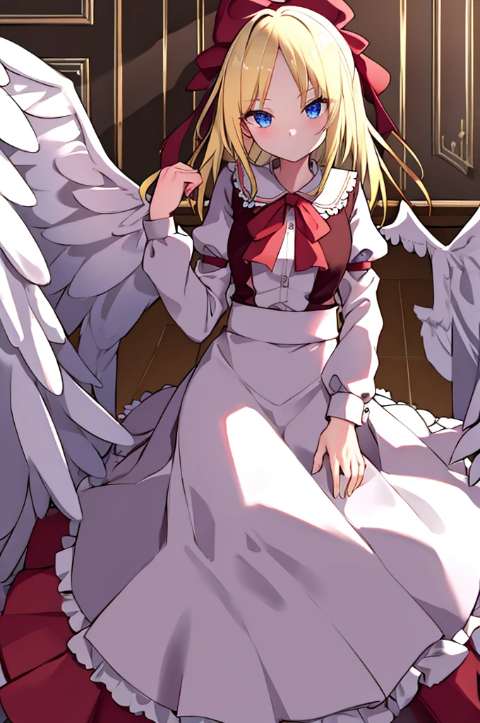 masterpiece, best quality, 1girl, solo, 10 years old, medium blonde hair, forehead visible bangs, hair flaps, ribbon on head, well-formed face, blonde eyes, angel girl, nehru collar, white blouse, long sleeves, red ribbon, angel wings, red thick suspenders, long white skirt, long maxi-skirt, very long skirt, wide shot, full body shot, simple background