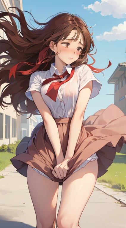 1womanl,Brown hair,Red ribbons ,((Impatient expression)),Beautiful breasts,White shirt,Red dress,well-styled,,(Facing the front)(((Blushing cheeks、embarassed expression)),(((The skirt is rolled up by the wind)))