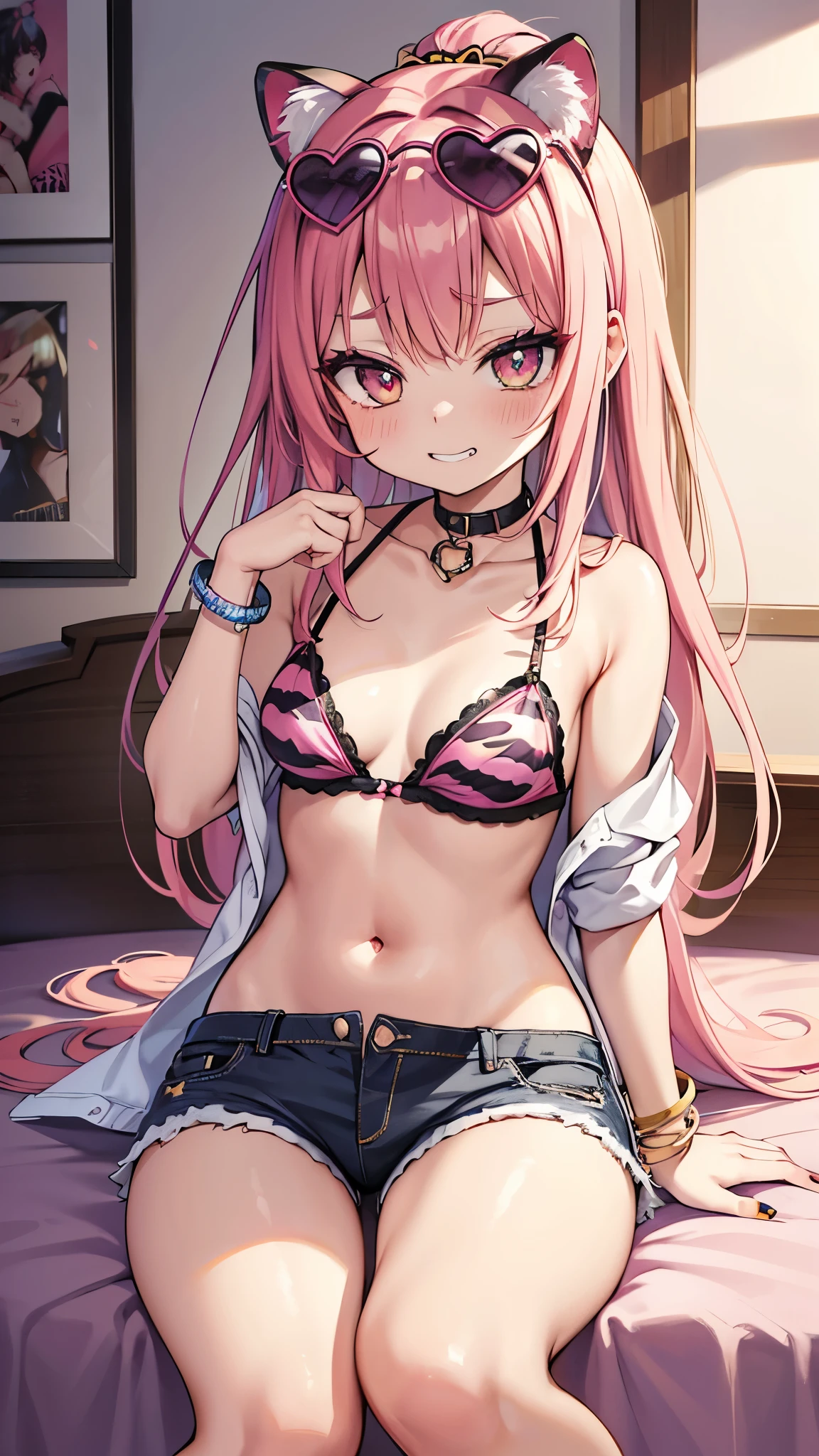 1 girl , upper body , evil grin , solo, v , hatosangu, heart sunglasses on head,miwaku_no_shorts_sukima, unbuttoned shorts , shorts, thigh, sitting , small breast, hair accessory, accessory, jewelry, dark makeup , heavy makeup, bracelet, painted nails, makeup, ash hair, zebra print, gyaru room, flashy room, branded items, room with flashy decoration, hot pink , leopard print furniture