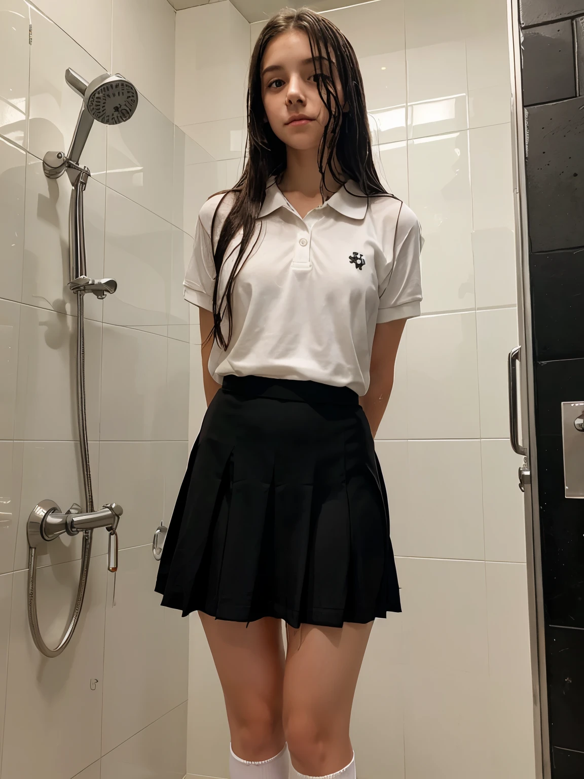 Embarssed, shy, Cute young, short 18 year old with long flat hair, in a white polo shirt and long black school skirt, standing in the shower, knees socks, long skirt, wet clothes, black skirt, catholic school skirt dd cup breasts, embarrassed,