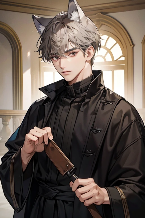 1male, sly, age 30 face, medium fully hair with bangs, grey hair, brown colored eyes, poor looking, black clothes, in a mansion, close up, wolf ears, wolf tail, baggy clothes