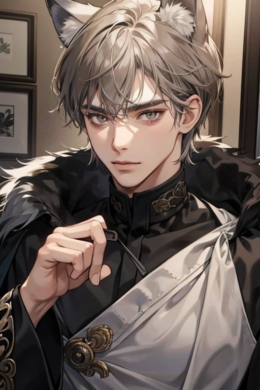 1male, sly, age 30 face, medium fully hair with bangs, grey hair, brown colored eyes, poor looking, black clothes, in a mansion, close up, wolf ears, wolf tail, baggy clothes