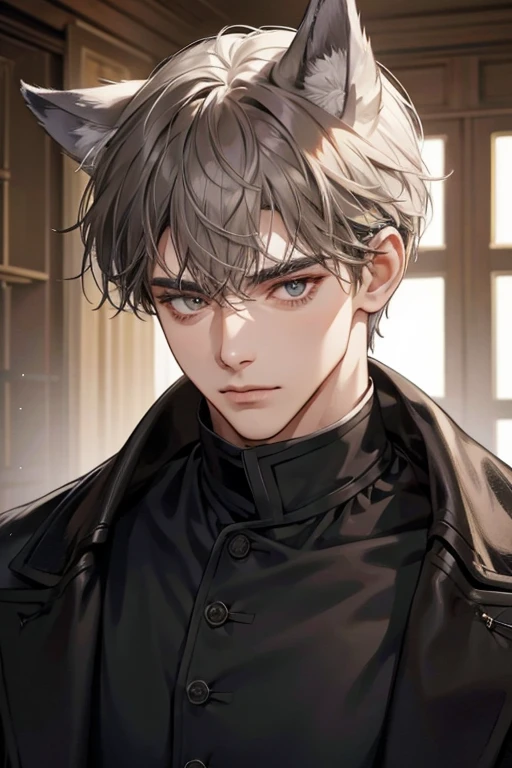 1male, sly, age 30 face, medium fully hair with bangs, grey hair, brown colored eyes, poor looking, black clothes, in a mansion, close up, wolf ears, wolf tail, baggy clothes