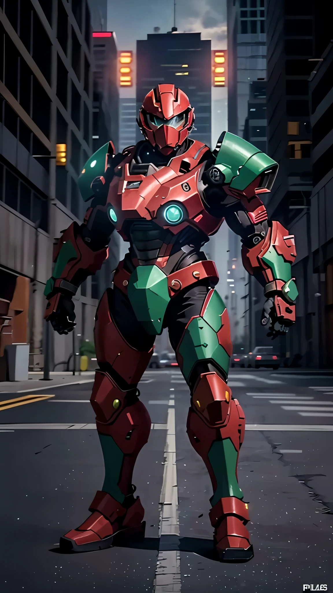 A man wearing a full-face helmet, a fantasy-style biotech armored combat suit, green eyes, (a composite layered chest armor), fully enclosed shoulder guards, matching arm and leg guards, the belt is adorned with exhaust pipes, (the color scheme is primarily black glow with green and red accents), the design balances heavy with agility, a high-tech bio-mecha armor, (Armor Concept Inspired by Cyberpunk motorcycle, stand on the top of a skyscraper in a futuristic sci-fi city), this character embodies a finely crafted fantasy-surreal style armored hero in anime style, exquisite and mature manga art style, (battle damage, element, plasma, energy, the armor glows), ((male:1.5)), metallic, real texture material, dramatic, high definition, best quality, highres, ultra-detailed, ultra-fine painting, extremely delicate, professional, perfect body proportions, golden ratio, anatomically correct, symmetrical face, extremely detailed eyes and face, high quality eyes, creativity, RAW photo, UHD, 32k, Natural light, cinematic lighting, masterpiece-anatomy-perfect, masterpiece:1.5