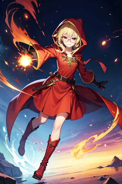 Anime drawings、Full body portrait、Fantasy world characters、A female wizard, about 160cm tall, around 38 years old, wearing a red robe and a long skirt, shooting fireballs.、Short medium blonde hair、A fearless smile、Red Eyes、Wearing a hood、Glasses、gloves、boots、Flat chest