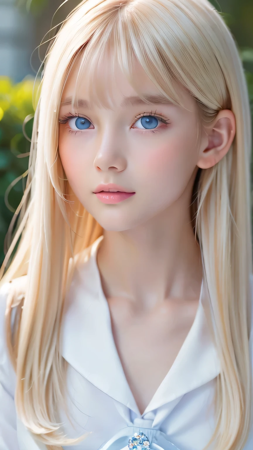Portrait、、Sailor suit、Gentle expression、Young shiny glossy white glossy skin、Great looks、Blonde reflection、Super long platinum blonde hair with dazzling highlights、Bangs between the eyes、bangs on the face、、Shiny bright hair,、Super long, silky straight hair、Shiny beautiful bangs、Sparkling, crystal clear, attractive big blue eyes、Very beautiful, lovely and cute 16 year old girl、Ample Bust、Healthy glowing skin、Small Face Girl、Round face
