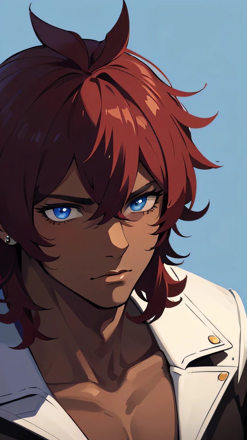 1 man, handsome, masculine, adult man, broad shoulders, close-up of face, portrait, confident, looking at viewer, ((dark skin:1.4)), ((lazy eyes, between eyelids, bags under eyes, blue eyes with white pupils)),((purplish red hair, medium length hair, shaggy hairstyle)), muscle, using a leather jacket, Nude Chest, Showing His Abs, ear studs, nose piercing,