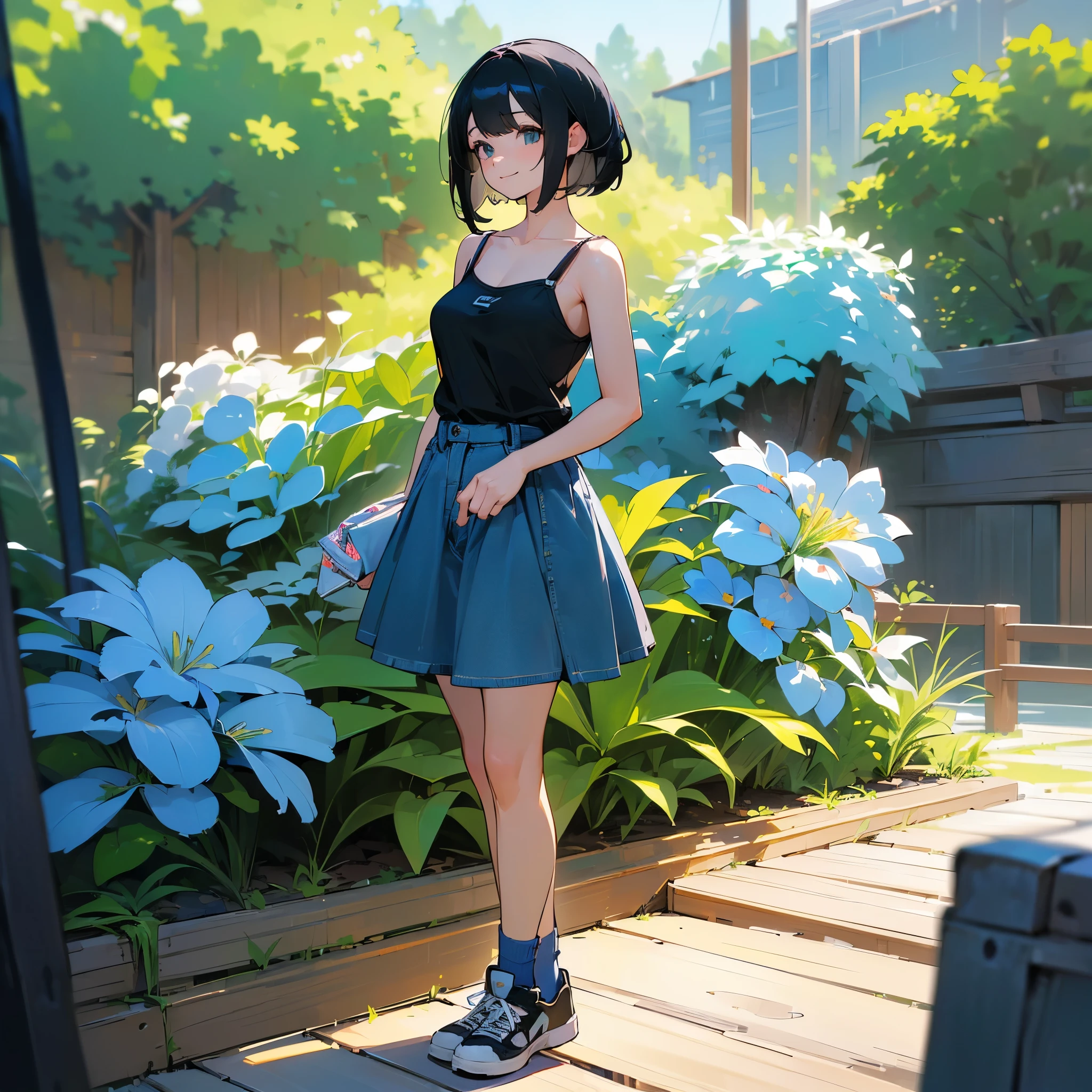 (high quality, High resolution, Very detailed, reality:1.37), Peaceful atmosphere, (Outdoor, garden), girl standing alone, (my breasts are big.), Beautiful details, Cute Smile, (Black bob hair), camisole, Denim skirt, Blue socks, sneakers.