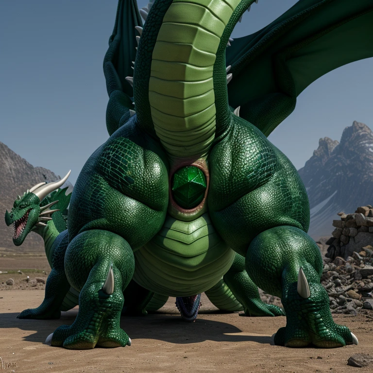 ((((A very obese emerald-colored dragon, dragon facing backwards, Emerald scales, feral, on all fours, tail up)))), Wild ferocious dragon, Spiky scales all over the body, A glittering silver mane, Very short legs, Screaming facial expression, Roaring dragon face, Backward body, Reptile Eyes, Longitudinal pupils, A body covered with a lot of fat, Abnormally obese head, A lot of fat on the neck, A belly so obese it covers the ground, Fat gap, Abdomen swollen enough to touch the ground, A huge, mountain-like swollen abdomen, Abnormally fat arms, Overweight and flabby legs, A body that seems to be crushed by a huge abdomen, A body that fills the screen, Rubble background, All fours pose, Wet scales all over the body, Soaking wet, ((((feral, duo, doggystyle, rear, view below, anal, from behind, FBD))))