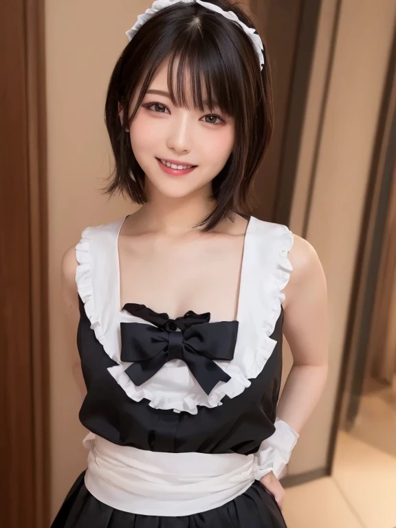 whole body, highest quality, shape, Very detailed, In detail, High resolution, 8k wallpaper, Perfect dynamic composition, Beautiful details, Black maid outfit,Medium Hair, Center of chest, Natural color lip, Random sexy poses,smile,maid Cafe,Small hair ornament,((I can see your chest、whole body、Skirt flip))