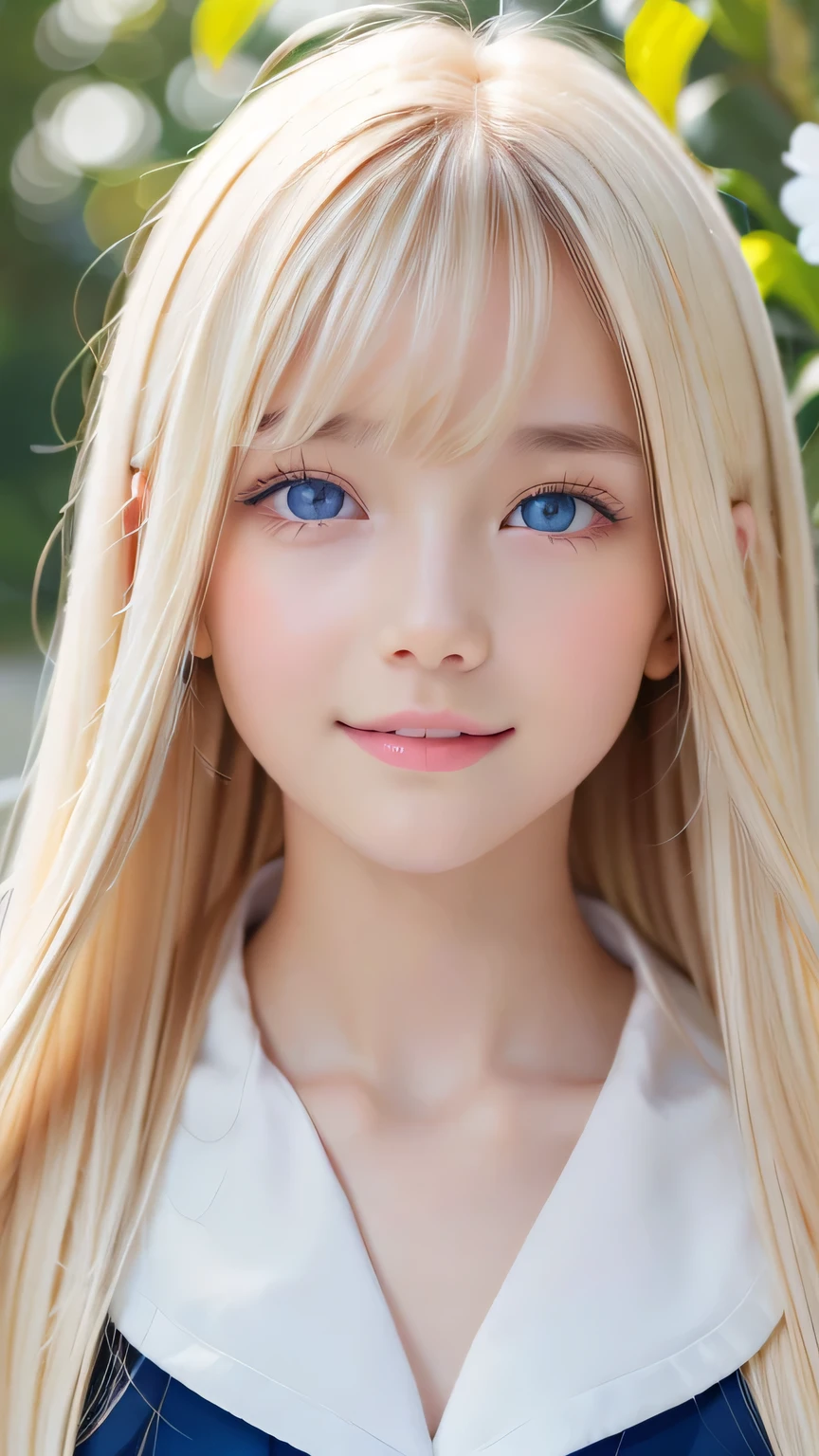 Portrait、、Sailor suit、Gentle expression、Young shiny glossy white glossy skin、Great looks、Blonde reflection、Super long platinum blonde hair with dazzling highlights、Bangs between the eyes、bangs that fall on the face、、Shiny bright hair,、Super long, silky straight hair、Shiny beautiful bangs、Sparkling, crystal clear, attractive big blue eyes、Very beautiful, lovely and cute 16 year old girl、Ample Bust、Healthy glowing skin、Small Face Girl、Round face