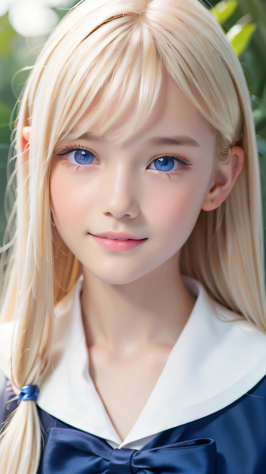 Portrait、、Sailor suit、Gentle expression、Young shiny glossy white glossy skin、Great looks、Blonde reflection、Super long platinum blonde hair with dazzling highlights、Bangs between the eyes、bangs that fall on the face、、Shiny bright hair,、Super long, silky straight hair、Shiny beautiful bangs、Sparkling, crystal clear, attractive big blue eyes、Very beautiful, lovely and cute 16 year old girl、Ample Bust、Healthy glowing skin、Small Face Girl、Round face