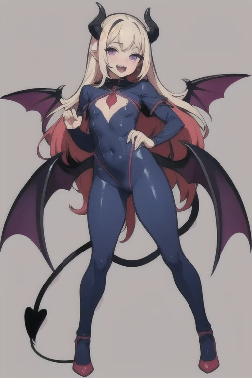 Complete body, Vampirewings, simple style color, Demon girl, horns anime 2d, (multicolor hair: middle white middle purple),(Vampire Fangs) small eyes Boku no hero posecompleta tail Boku no hero costume Boku no hero style, adult appearance, young older, stand up, stand up, demon wings, HD, 4k, (hero Tight custom) (beautiful custom) , heels, good anatomy, five fingers, perfect hands, succubus friendly beautiful (good proportion) (full body) (good Hands)