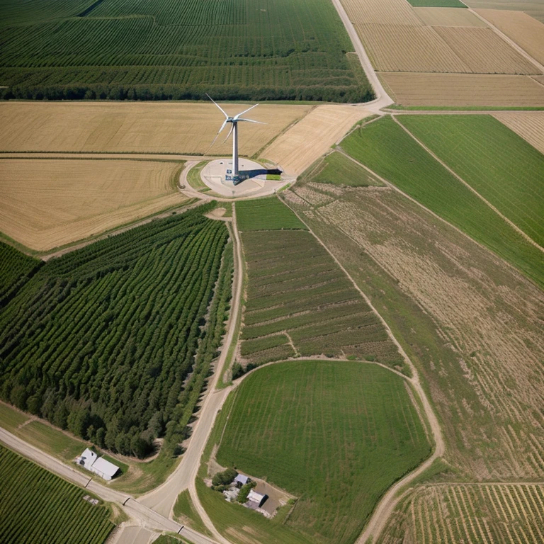 air view of a wind turbine in a field with a road, visto desde arriba, plano muy lejano de un molino de viento, air shot, seen from a bird's eye view, air view from above, hd air photography, turbinas, air photo, air photography, air photograph, air, air view cinestill 800t 18mm, photography from above