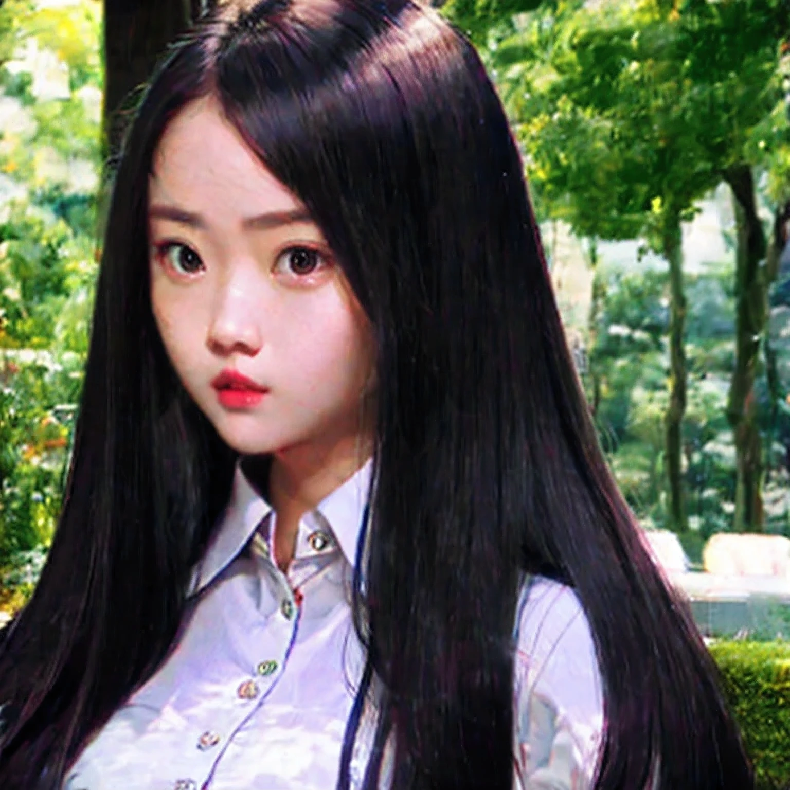 arafed woman with long black hair and a white shirt, she has a distant expression, iu lee ji-eun as a super villain, but a stern look about her, she has a cute expressive face, young wan angel, girl next door innocent look, high drama, sideways glance, kwak ji young, movie screencap, handsome girl, innocent look, brilliant, 1girl, solo