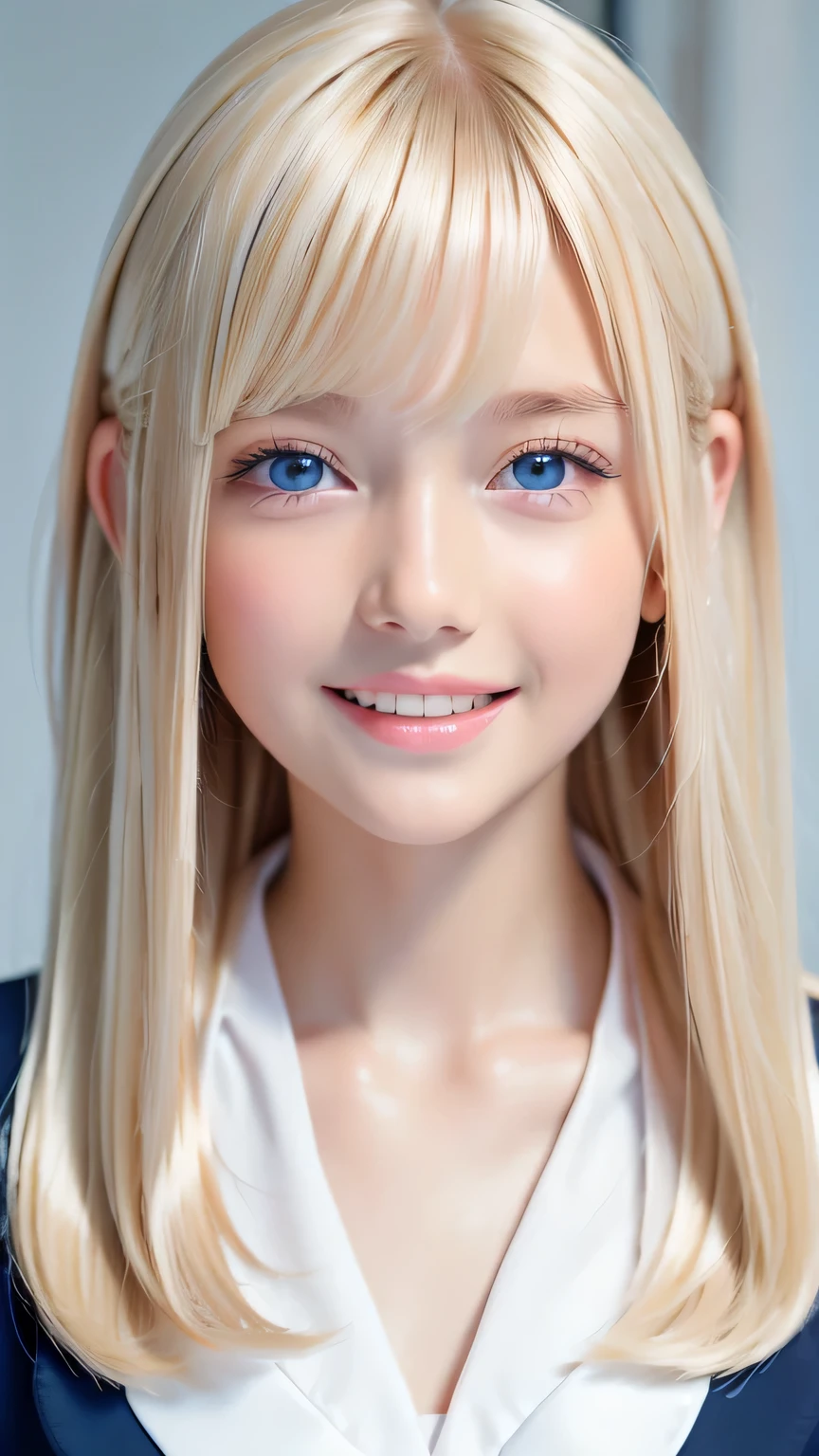 Portrait、、Sailor suit、Gentle expression、Young shiny glossy white glossy skin、Great looks、Blonde reflection、Super long platinum blonde hair with dazzling highlights、Bangs between the eyes、bangs that fall on the face、、Shiny bright hair,、Super long, silky straight hair、Shiny beautiful bangs、Sparkling crystal clear attractive big bright blue eyes、Very beautiful, lovely and cute girl、Ample Bust、Healthy glowing skin、Small Face Girl、Round face