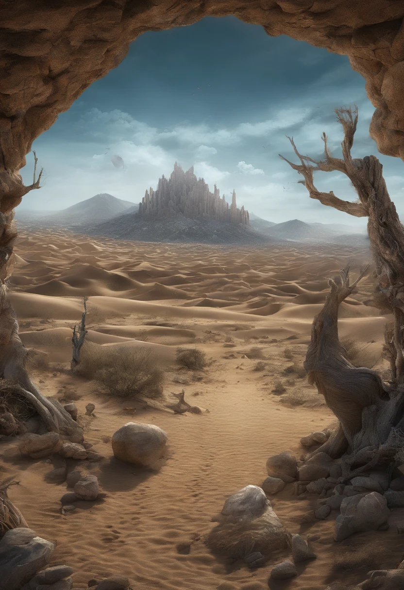 Quiero ver un paisaje surrealista, desert, con una paleta de colores opaca y obscura, uses colors like gray sand and spruce blue. Es un paisaje oscuro y nublado, hay formaciones rocosas que terminan en picos puntiagudos, que sea arte al estilo de dan seagrave. En algunas de las formaciones rocosas hay jaulas oxidadas con esqueletos o criaturas similares. Es un arte surreal, no es necesario hacerlo realista, Let's imagine a dystocic and desolate world (This will be a cover for a death metal music album), incluye dunas, un cielo nublado, luz muy tenue, un paisaje muy abierto y grande, las jaulas que cuelgan de los picos cuelgan por cadenas