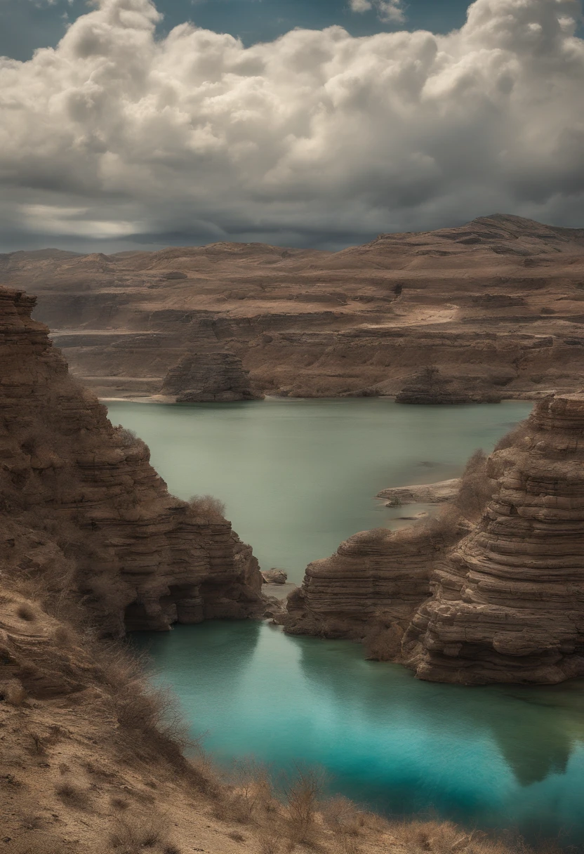 Quiero ver un paisaje surrealista, desert, con una paleta de colores opaca y obscura, uses colors like gray sand and spruce blue. Es un paisaje oscuro y nublado, hay formaciones rocosas que terminan en picos puntiagudos, que sea arte al estilo de dan seagrave. En algunas de las formaciones rocosas hay jaulas oxidadas con esqueletos o criaturas similares. Es un arte surreal, no es necesario hacerlo realista, Let&#39;s imagine a dystocic and desolate world (This will be a cover for a death metal music album), incluye dunas, un cielo nublado, luz muy tenue, un paisaje muy abierto y grande, las jaulas que cuelgan de los picos cuelgan por cadenas