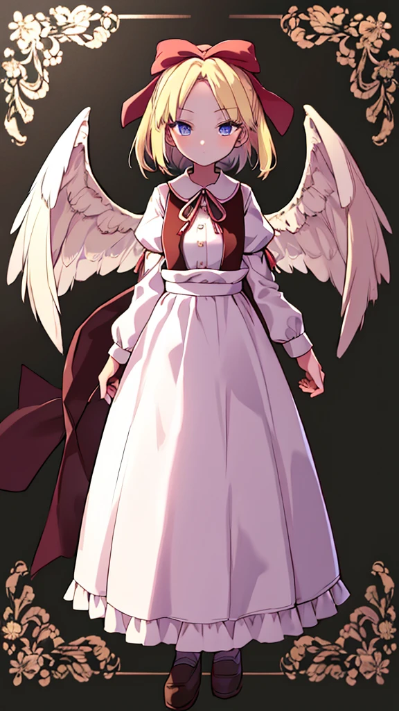 masterpiece, best quality, 1girl, solo, 10 years old, medium blonde hair, forehead visible bangs, hair flaps, ribbon on head, well-formed face, blonde eyes, angel girl, standing collar, nehru collar, white blouse, long sleeves, red ribbon, angel wings, red thick suspenders, long white skirt, long maxi-skirt, very long skirt, wide shot, full body shot, simple background