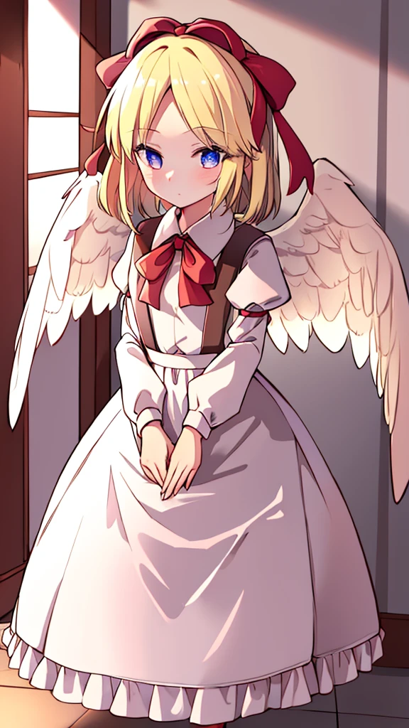 masterpiece, best quality, 1girl, solo, 10 years old, medium blonde hair, forehead visible bangs, hair flaps, ribbon on head, well-formed face, blonde eyes, angel girl, standing collar, nehru collar, white blouse, long sleeves, red ribbon, angel wings, red thick suspenders, long white skirt, long maxi-skirt, very long skirt, wide shot, full body shot, simple background