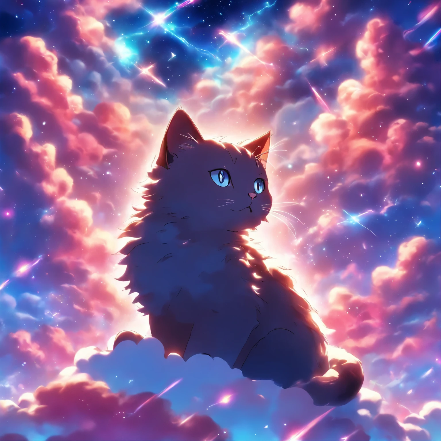 anime, cat, clouds, stars, sky, stars, clouds, cat, cat, cat, cat, cat, cat, cat, cat, cat,, sitting on the cosmic cloudscape, very very beautiful furry art, cat cat dreamcats, fluffy pink anime clouds, cats cat dreamcats, on a galaxy looking background, anime cat, dreamy psychedelic anime