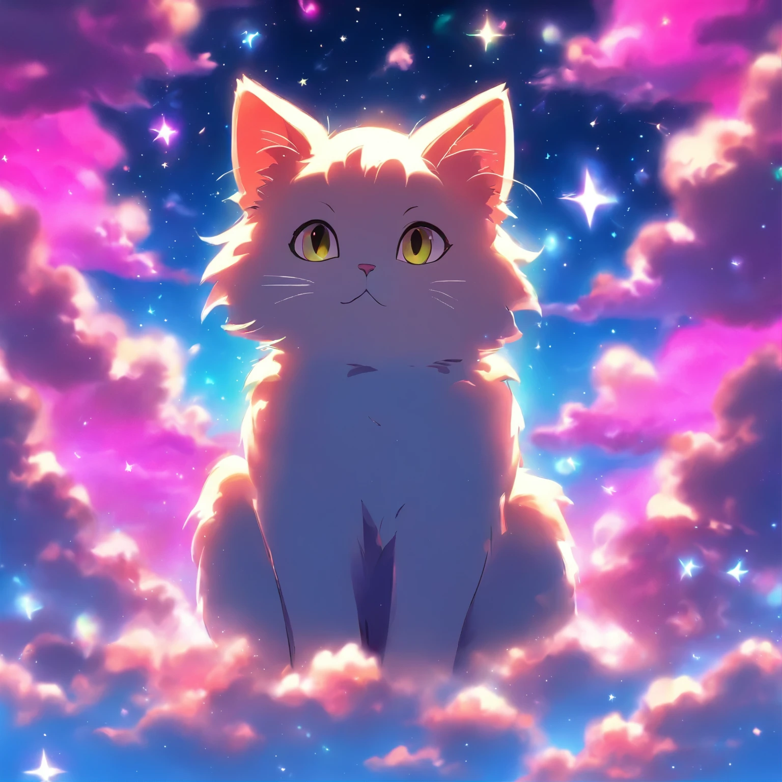 anime, cat, clouds, stars, sky, stars, clouds, cat, cat, cat, cat, cat, cat, cat, cat, cat,, a digital painting by Kubisi art, tumblr, furry art, sitting on the cosmic cloudscape, very very beautiful furry art, cat cat dreamcats, fluffy pink anime clouds, cats cat dreamcats