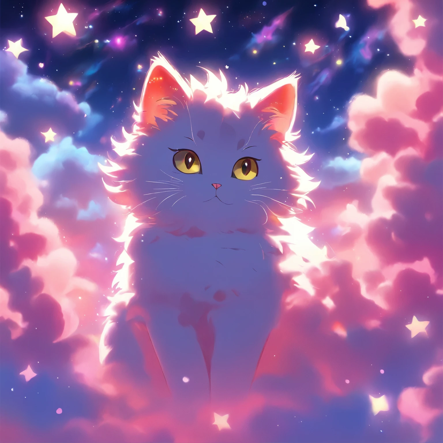 anime, cat, clouds, stars, sky, stars, clouds, cat, cat, cat, cat, cat, cat, cat, cat, cat,, a digital painting by Kubisi art, tumblr, furry art, sitting on the cosmic cloudscape, very very beautiful furry art, cat cat dreamcats, fluffy pink anime clouds, cats cat dreamcats