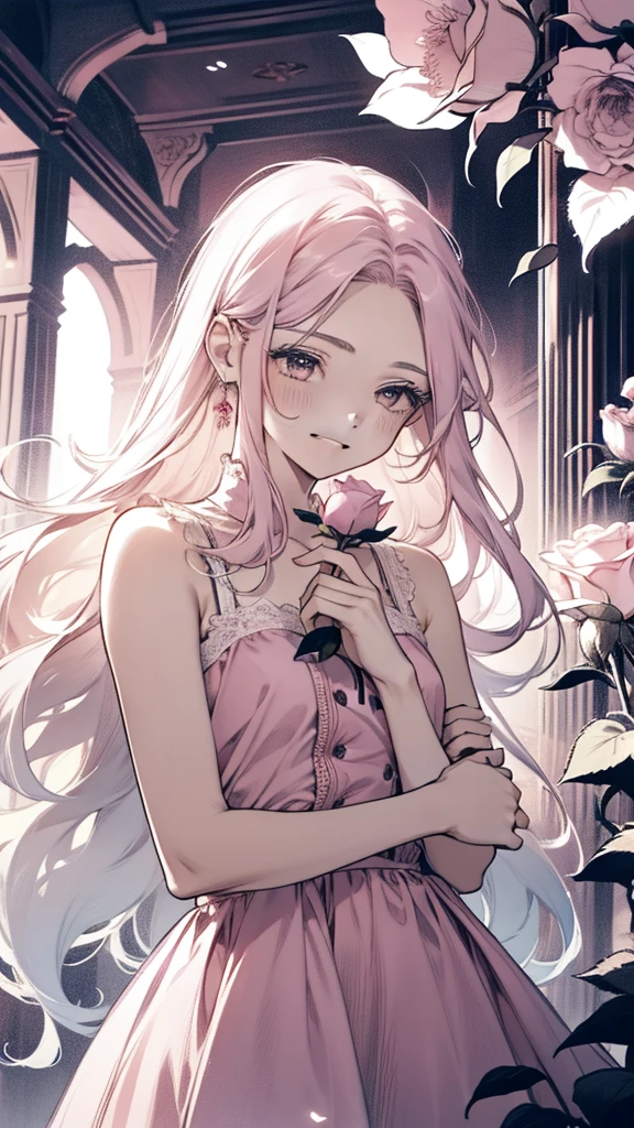 An 18-year-old girl wears a pink rose, Long hair, whtie sleeveless dress, Holding a pink rose. Smell the flowers, Bright Fantasy, surrealism, Michael Cormack, Pink, Monochromatic tranquility, Bright atmosphere, Sunshine, blissful, blissful, and smiles,