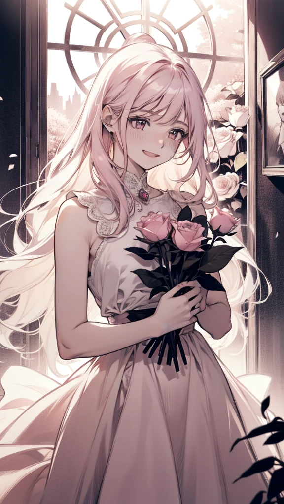 An 18-year-old girl wears a pink rose, Long hair, whtie sleeveless dress, Holding a pink rose. Smell the flowers, Bright Fantasy, surrealism, Michael Cormack, Pink, Monochromatic tranquility, Bright atmosphere, Sunshine, blissful, blissful, and smiles,