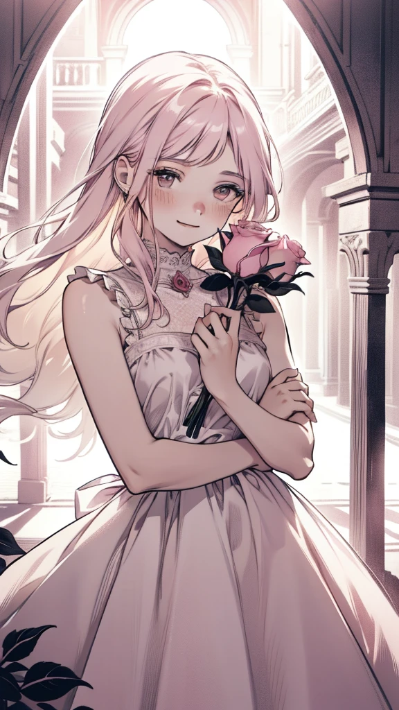 An 18-year-old girl wears a pink rose, Long hair, whtie sleeveless dress, Holding a pink rose. Smell the flowers, Bright Fantasy, surrealism, Michael Cormack, Pink, Monochromatic tranquility, Bright atmosphere, Sunshine, blissful, blissful, and smiles,