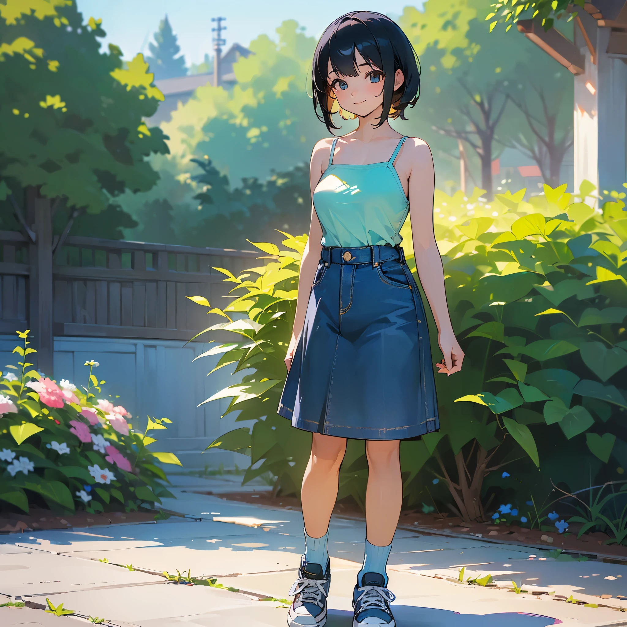 (high quality, High resolution, Very detailed, reality:1.37), Peaceful atmosphere, (Outdoor, garden), girl standing alone, (my breasts are big.), Beautiful details, Cute Smile, (Black bob hair), camisole, Denim skirt, Blue socks, sneakers.