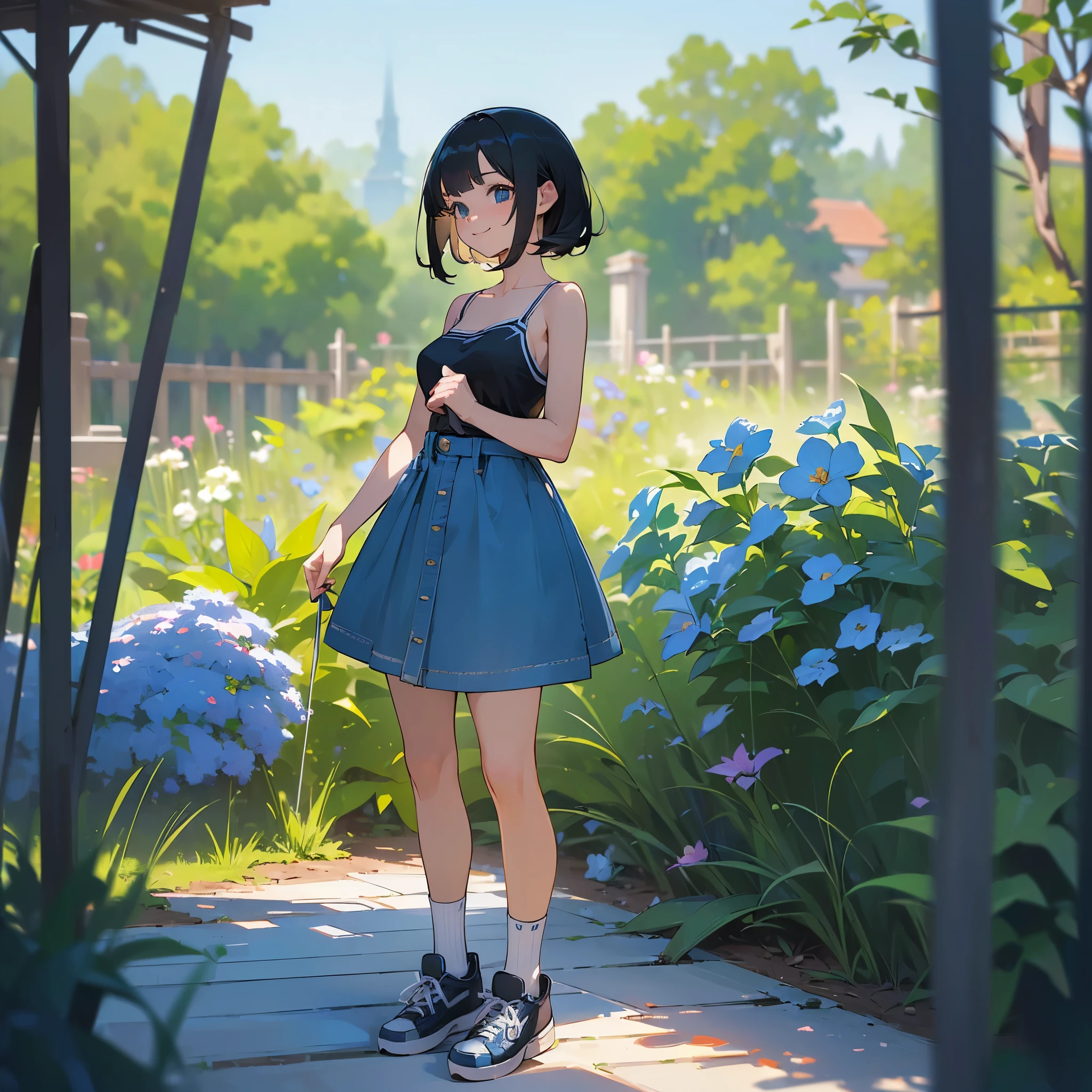 (high quality, High resolution, Very detailed, reality:1.37), Peaceful atmosphere, (Outdoor, garden), Teenage girl standing alone, (my breasts are big.), Beautiful details, Cute Smile, (Black bob hair), camisole, Denim skirt, Blue socks, sneakers.