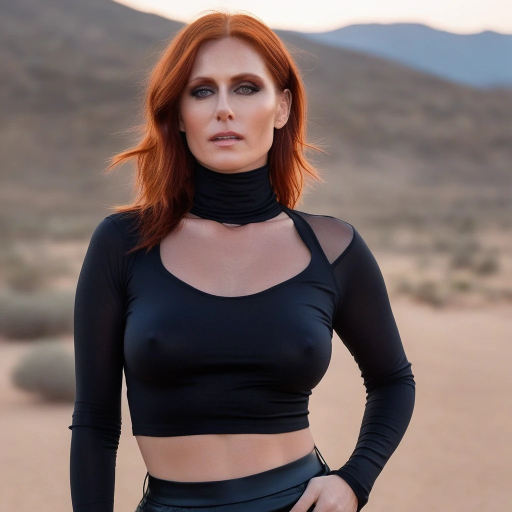 AudreyFleurot1024 (upper body), wild head in the wind, (braless wearing black turtleneck sheer cropped top)1.3, (huge natural breasts)1.2, (pokies), mountain, sunset, detailled eyes, photography, highly detailed, sharp focus, trending on artstation, studio photo, intricate details, highly detailed, by greg rutkowski