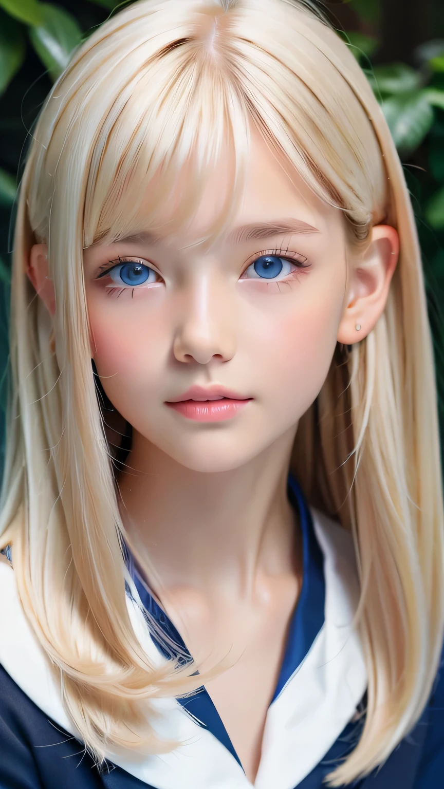 Portrait、、Sailor suit、Gentle expression、Young shiny glossy white glossy skin、Great looks、Blonde reflection、Super long platinum blonde hair with dazzling highlights、Bangs between the eyes、bangs that fall on the face、、Shiny bright hair,、Super long, silky straight hair、Shiny beautiful bangs、Sparkling crystal clear attractive big bright blue eyes、Very beautiful, lovely and cute 16 year old girl、Ample Bust、Healthy glowing skin、Small Face Girl、Round face