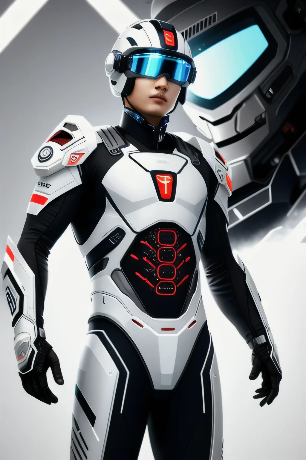 A 20-year-old man with a coffee complexion and Chinese hair wearing a white cybernetic machine suit and a white pilot helmet with black stripes that spills over the suit, 8k image resolution 3D qualities well detailed