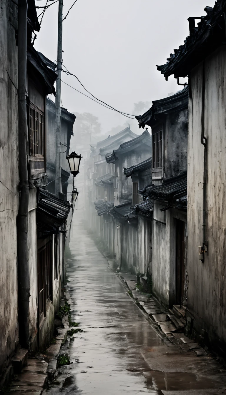 (watercolor), landscape, ennui, cloudy, Residential area in China, Village, danger, Senior, Pale colors, fog, Silence, Melancholy, Old building, Narrow Alley, 人Shadow, Grey Sky, after the rain, rotten wall, Street lamp, Shadow, Loneliness, Fragments of everyday life, chaos, Devastation, Vague contours, Soft touch, Cloudy, mysterious, Urban loneliness, melancholy