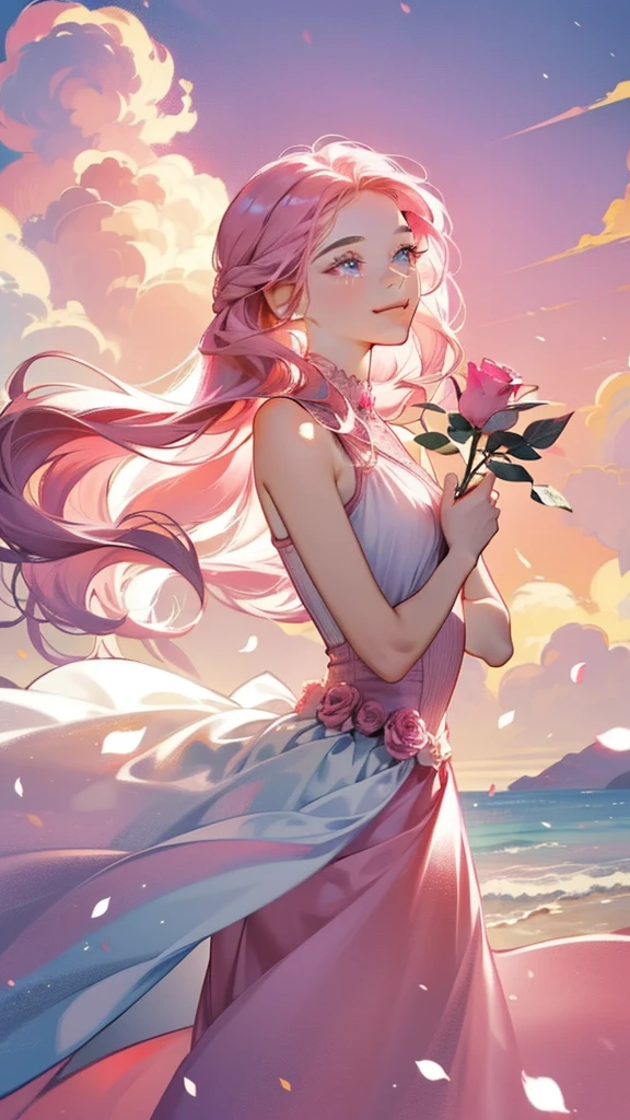 An 18-year-old girl wears a pink rose, Long hair, whtie sleeveless dress, Holding a pink rose. Smell the flowers, Bright Fantasy, surrealism, Michael Cormack, Pink, Monochromatic tranquility, Bright atmosphere, Sunshine, blissful, blissful, and smiles,
