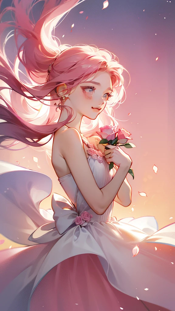 An 18-year-old girl wears a pink rose, Long hair, whtie sleeveless dress, Holding a pink rose. Smell the flowers, Bright Fantasy, surrealism, Michael Cormack, Pink, Monochromatic tranquility, Bright atmosphere, Sunshine, blissful, blissful, and smiles,