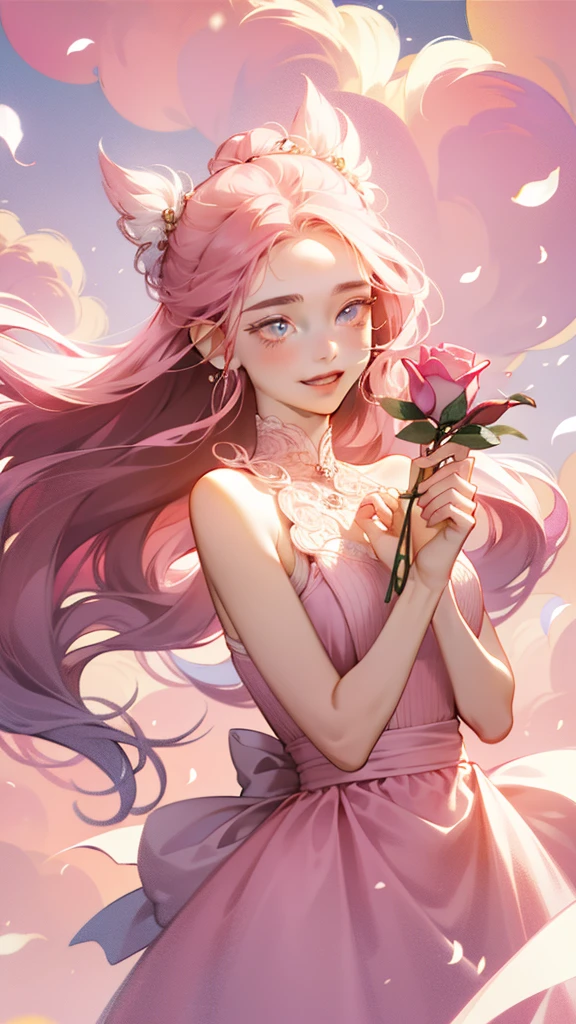 Pink Moon、pink sky、Soft pink clouds、Pink ocean waves sparkle、glinting、Pink roses in a pink sea、Fantasia、Diamonds、diadems、kosmos、Soft light、Girl looking up、