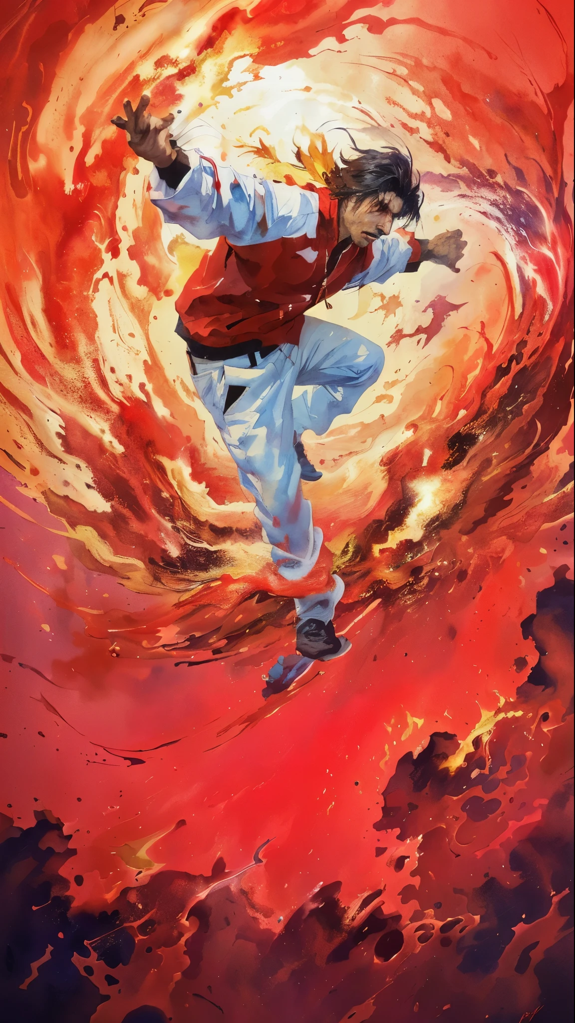 The painting shows a man wearing red、Street Dancer, Red fire dragon，Abstract painting of man on fire, Achannel, Fire Tornado, author：Dariusz Shokov, Official Artwork, fire red, phone wallpaper, amazing depth, Artworks by Alessandro Pautasso, Official Art, Engulfed in raging fire, red background,in the style of cyril rolando, dynamic and action-packed scenes, lifelike renderings, dynamic energy flow, lyon school, uhd image,Ultra HD,8k,HDR --ar9:16 --stylize 750--iw 1.4 --v 6.0