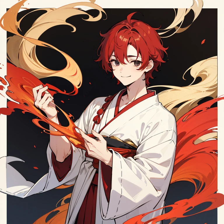 Boy with messy reddish hair, a little long, black eyes and defined features, calm look, smiling with traditional white yukata, embroidered gold and red details. 
