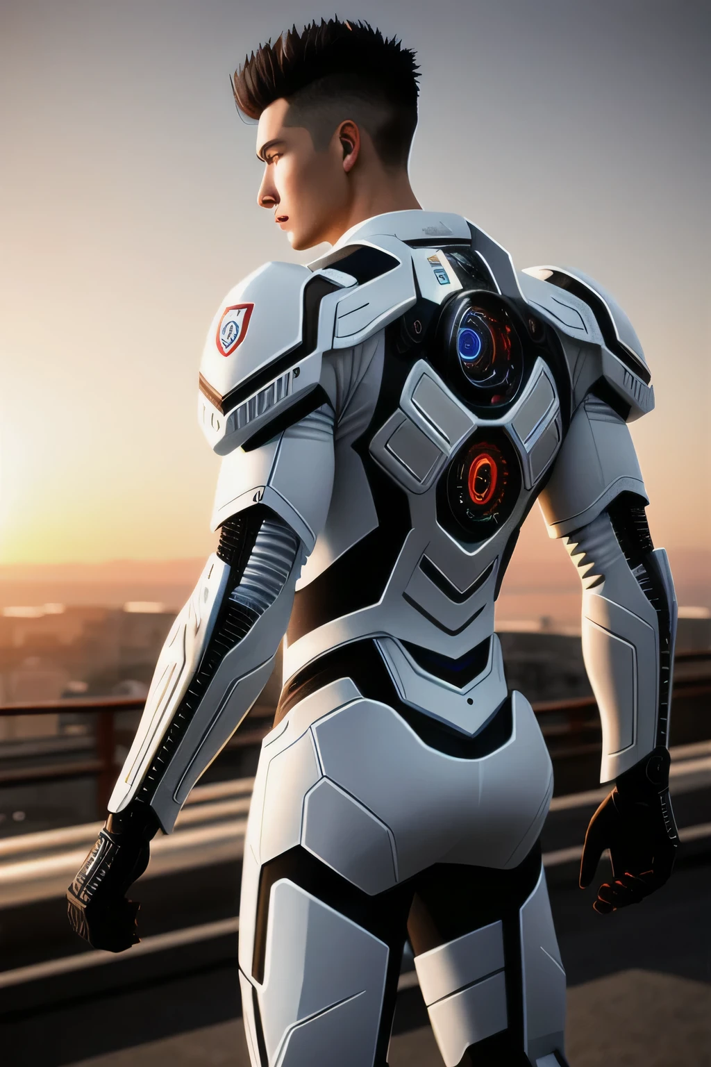 a 20 year old man with coffee complexion, chinese hairstyle, wearing white cybernetic machine suit, white pilot helmet with black stripes, spilling over suit, intricate details, hyper realistic, 8k, 3d, photorealistic, cinematic dramatic lighting, science fiction, concept art, abandoned old car, sunrise background