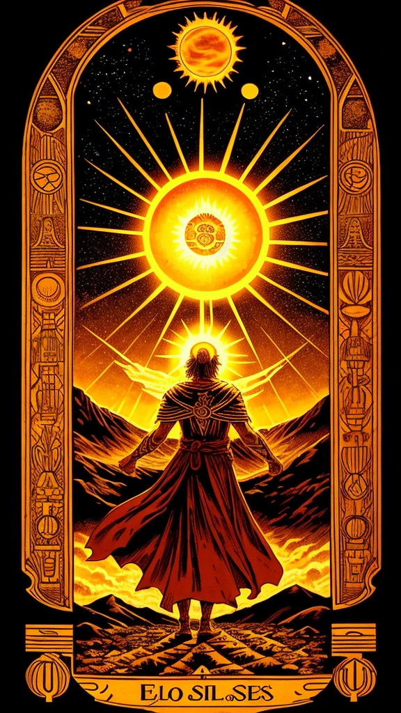 Tarot, el sol, represented by the image of a rising sun seen in the sky over the mountains