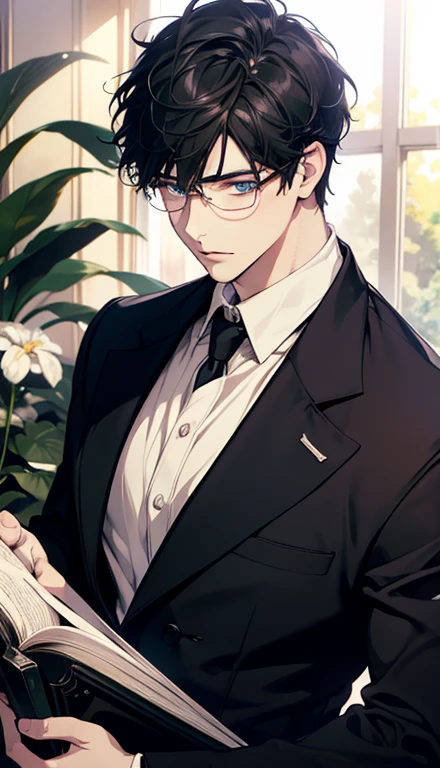1 boy,male,young people,pale boy,plant,flowers,Low screen contrast,high brightness,Black hair,Glasses,blue eyes,soft light lighting,soft focus,, anime big breasts, Impressionism, movie lighting, close up, ultra high definition, masterpiece, high detail,book