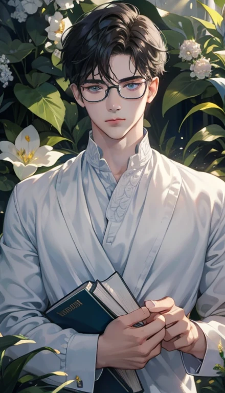 1 boy，male，young people，pale boy，plant，flowers，Low screen contrast，high brightness，Black hair，Glasses，blue eyes，soft light lighting，soft focus，, anime big breasts, Impressionism, movie lighting, close up, ultra high definition, masterpiece, high detail，book