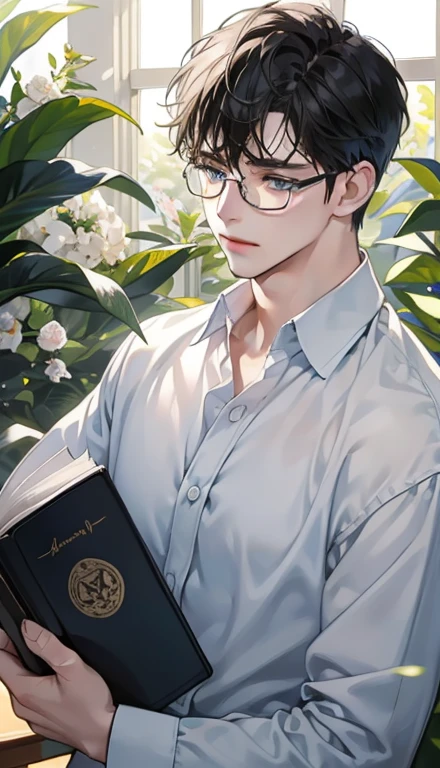 1 boy,male,young people,pale boy,plant,flowers,Low screen contrast,high brightness,Black hair,Glasses,blue eyes,soft light lighting,soft focus,, anime big breasts, Impressionism, movie lighting, close up, ultra high definition, masterpiece, high detail,book